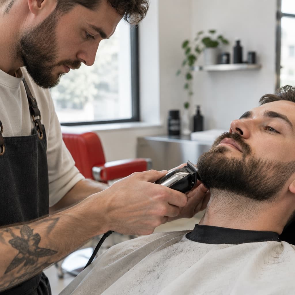 A barber trimming a client's beard